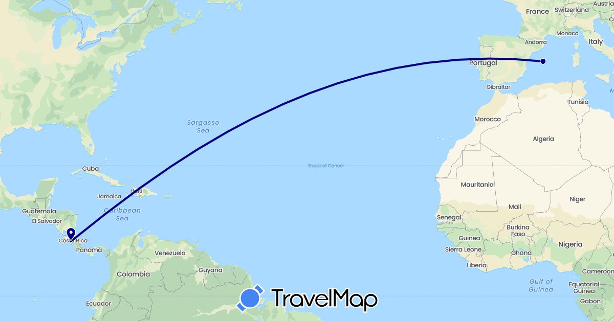 TravelMap itinerary: driving in Costa Rica, Spain (Europe, North America)